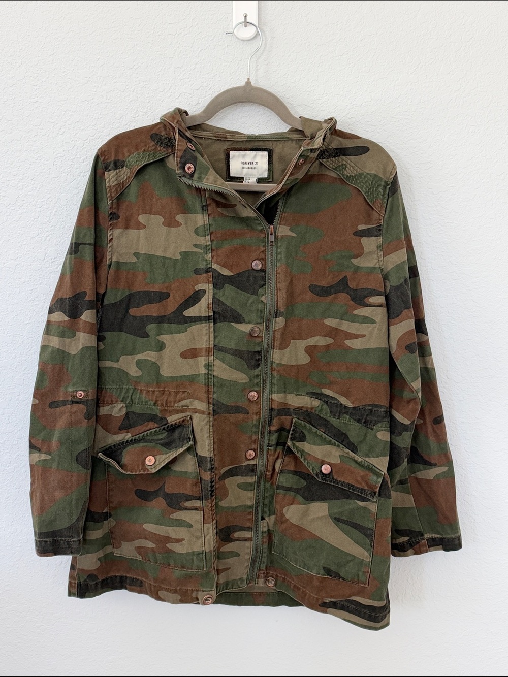 Forever 21 Camo Utility Jacket Medium Hooded Military Field Cargo Grung
